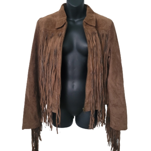 Rampage Festival Suede Leather Fringe Jacket Size Large Chocolate Brown - Picture 4 of 9